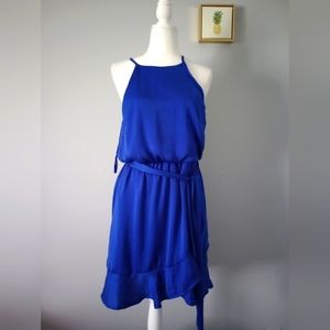 Casual dress  Evelyn Blue  sleeveless satin with ruffles hem  royal blue  Medium